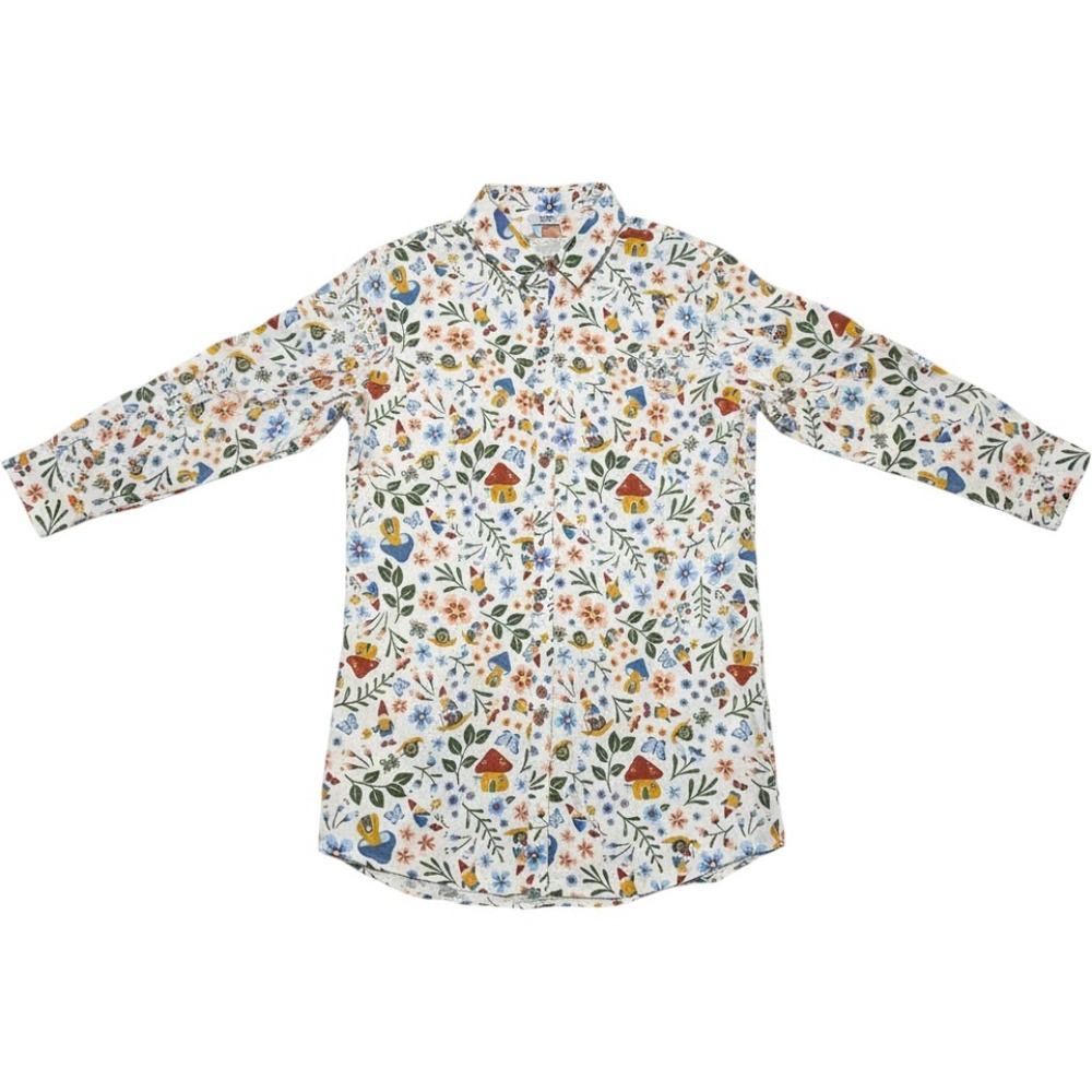 Duluth Trading Co Gnome Mushroom Snail Print Hemp Cotton Button Down Shirt M
